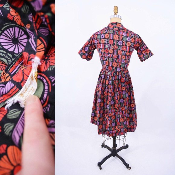 Vintage 1960s Cotton Day Dress Black Orange Floral Print Shirtdress | W 25" - Picture 5 of 5